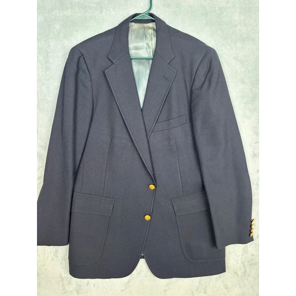 Chaps Ralph Lauren Mens Navy Blue 42R Blazer Gold Crest Buttons Hopsack Jacket